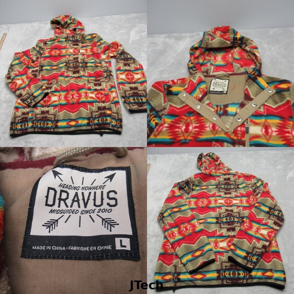 Dravus Hoodie Men Large Multicolor Aztec Pockets 1/4 Snap Fleece Pullover